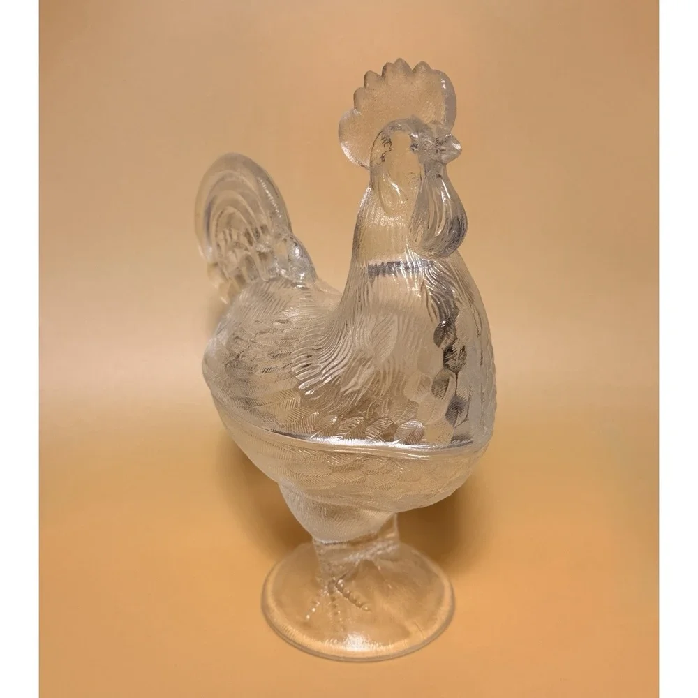 VTG LE Smith Clear Glass Standing Rooster Pedestal Covered Candy Dish Compote SG